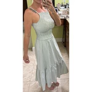 Lost + wander sage kelly green white gingham midi smocked tiered dress NWT XS